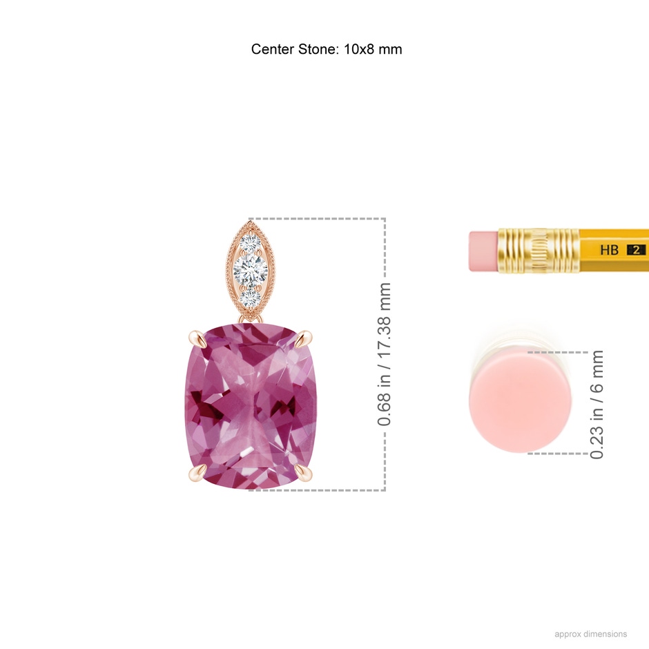 10x8mm AAA Cushion Pink Tourmaline Pendant with Diamond Leaf Bale in Rose Gold ruler