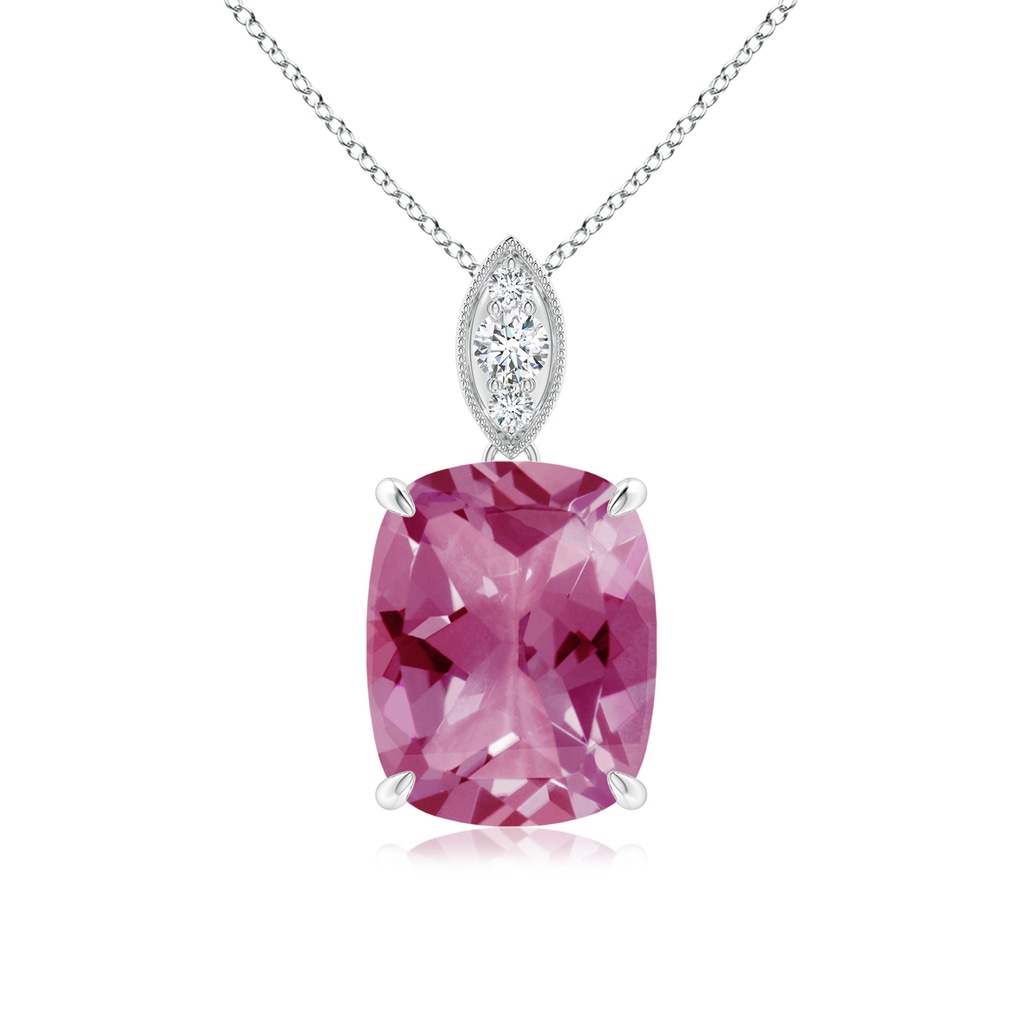 10x8mm AAA Cushion Pink Tourmaline Pendant with Diamond Leaf Bale in White Gold