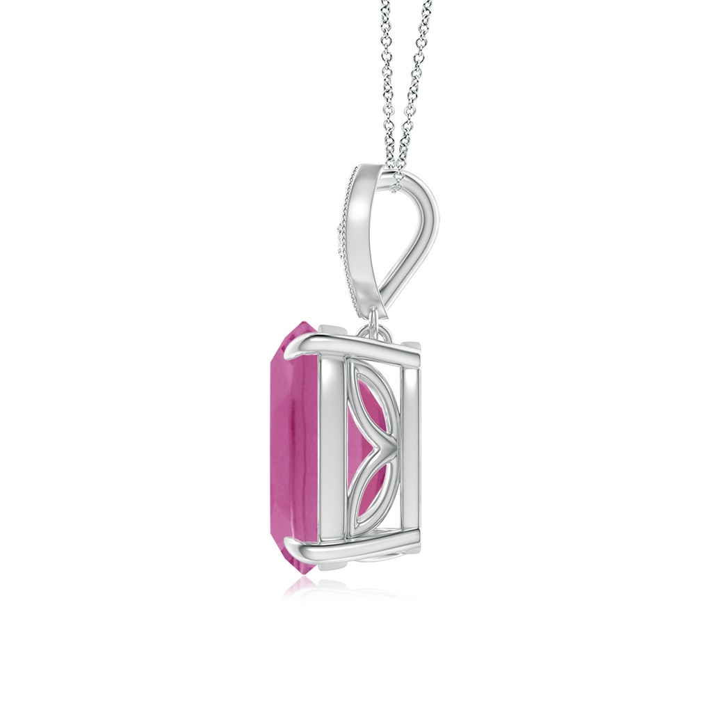 10x8mm AAA Cushion Pink Tourmaline Pendant with Diamond Leaf Bale in White Gold Side-1