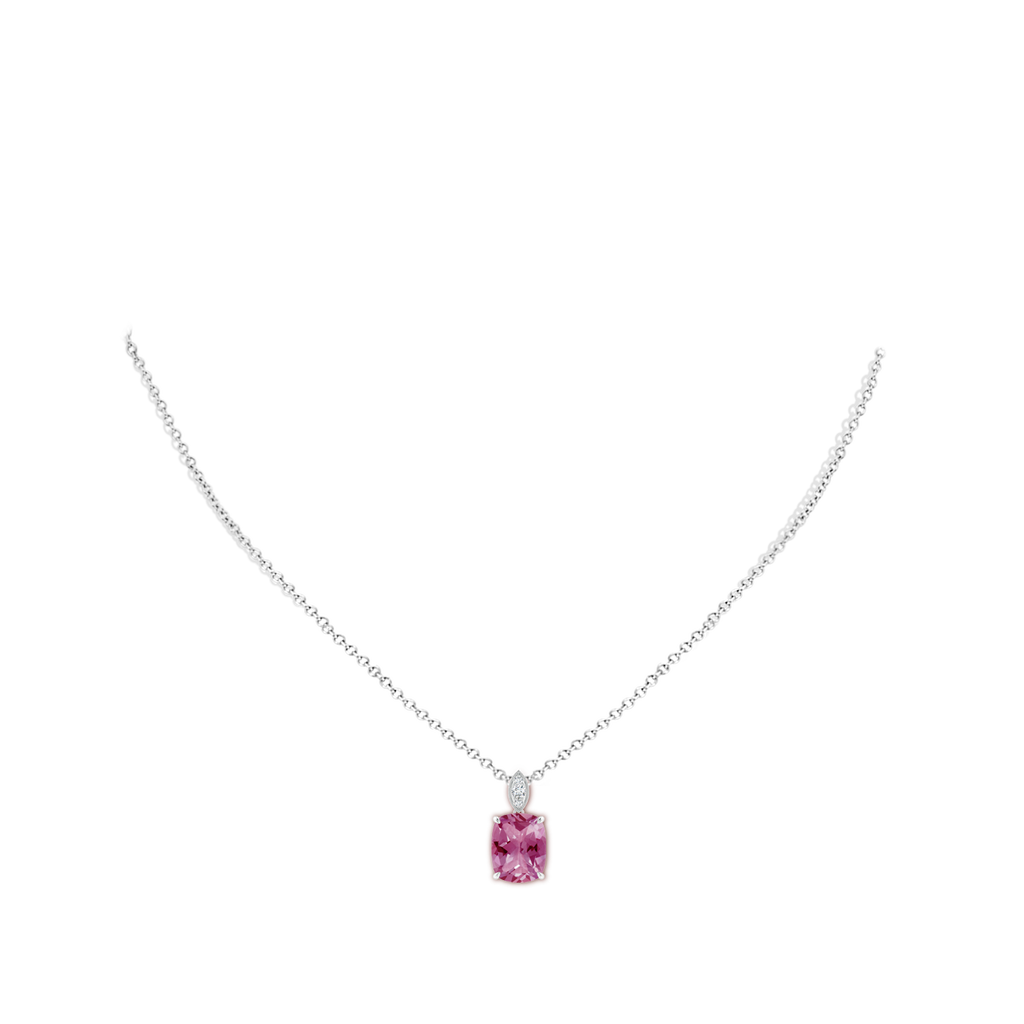 10x8mm AAA Cushion Pink Tourmaline Pendant with Diamond Leaf Bale in White Gold Body-Neck