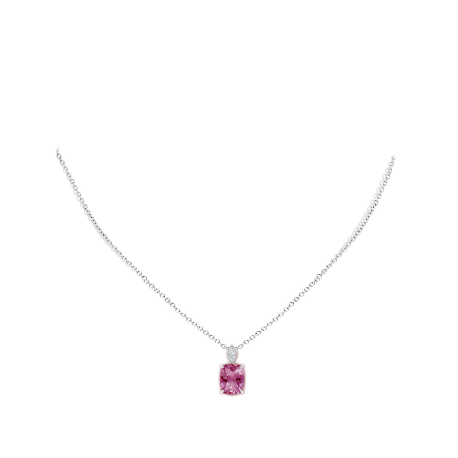 10x8mm AAA Cushion Pink Tourmaline Pendant with Diamond Leaf Bale in White Gold body-neck