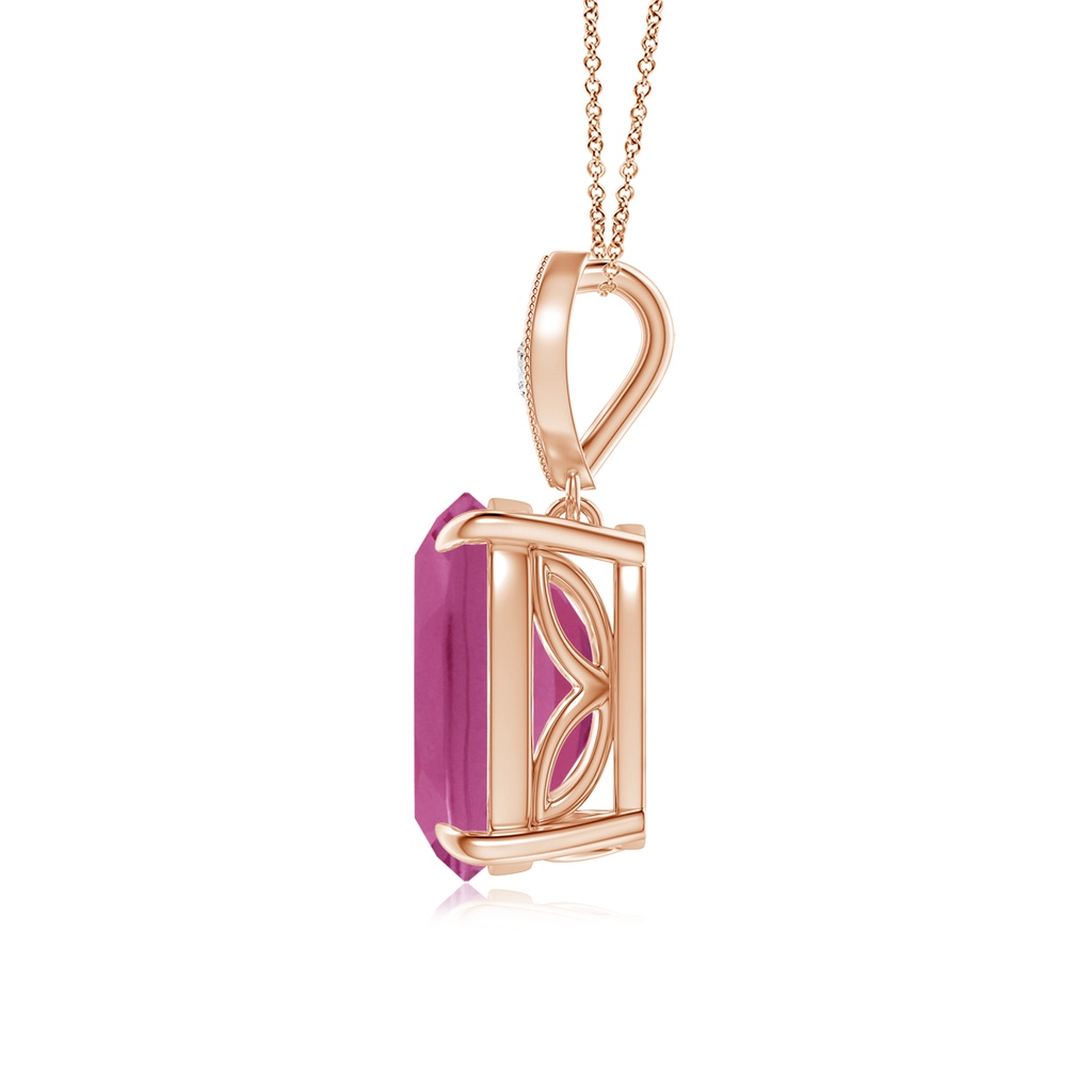 10x8mm AAAA Cushion Pink Tourmaline Pendant with Diamond Leaf Bale in Rose Gold Side-1