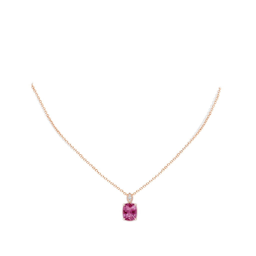 10x8mm AAAA Cushion Pink Tourmaline Pendant with Diamond Leaf Bale in Rose Gold Body-Neck