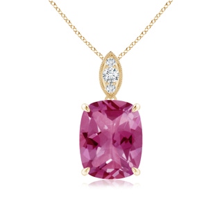 10x8mm AAAA Cushion Pink Tourmaline Pendant with Diamond Leaf Bale in Yellow Gold