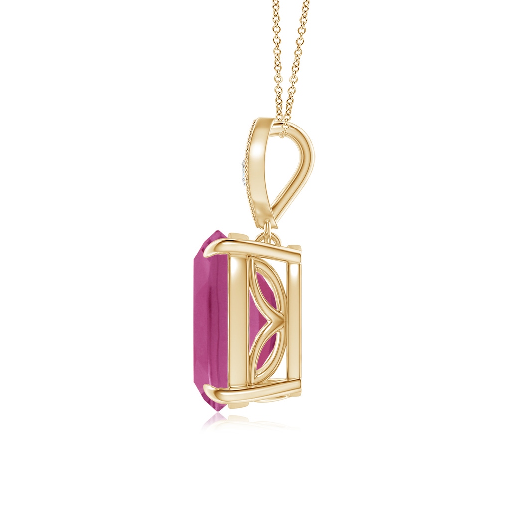 10x8mm AAAA Cushion Pink Tourmaline Pendant with Diamond Leaf Bale in Yellow Gold - side_1