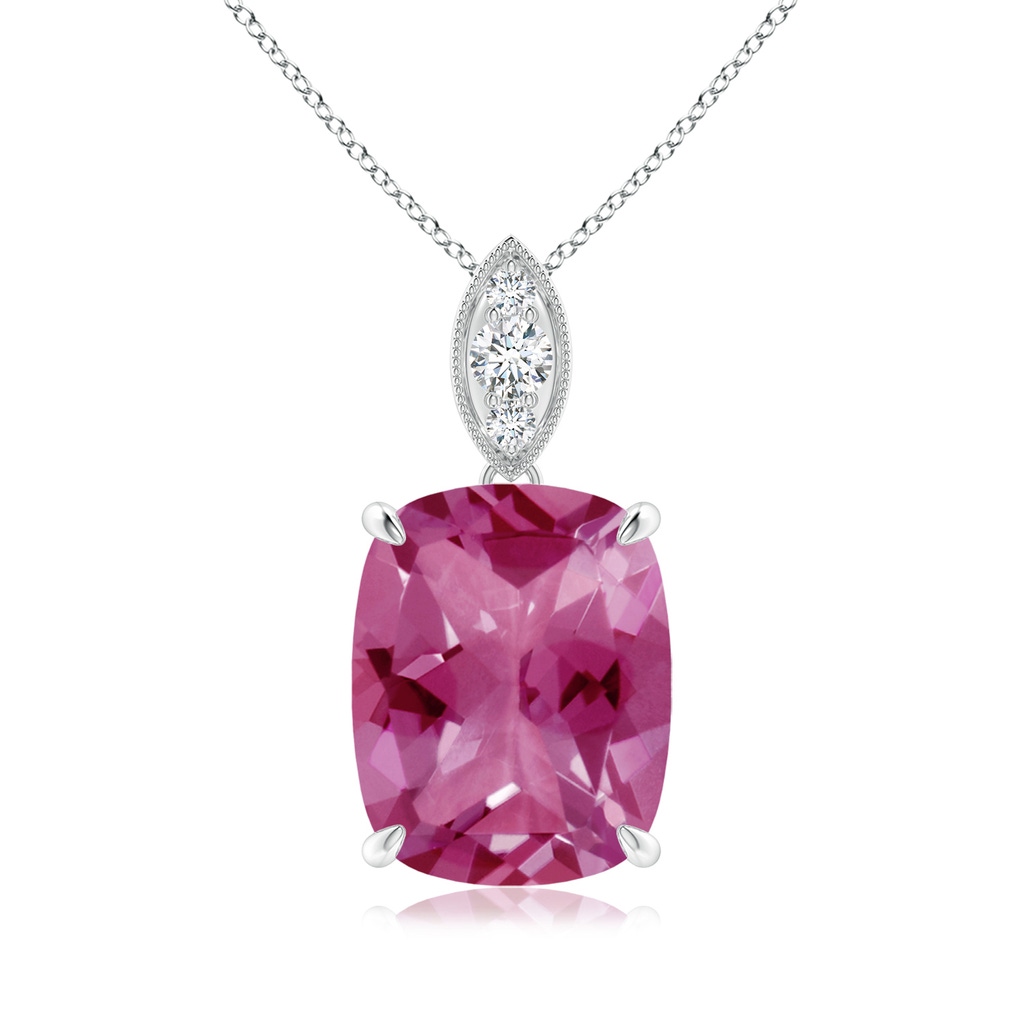 11x9mm AAAA Cushion Pink Tourmaline Pendant with Diamond Leaf Bale in White Gold