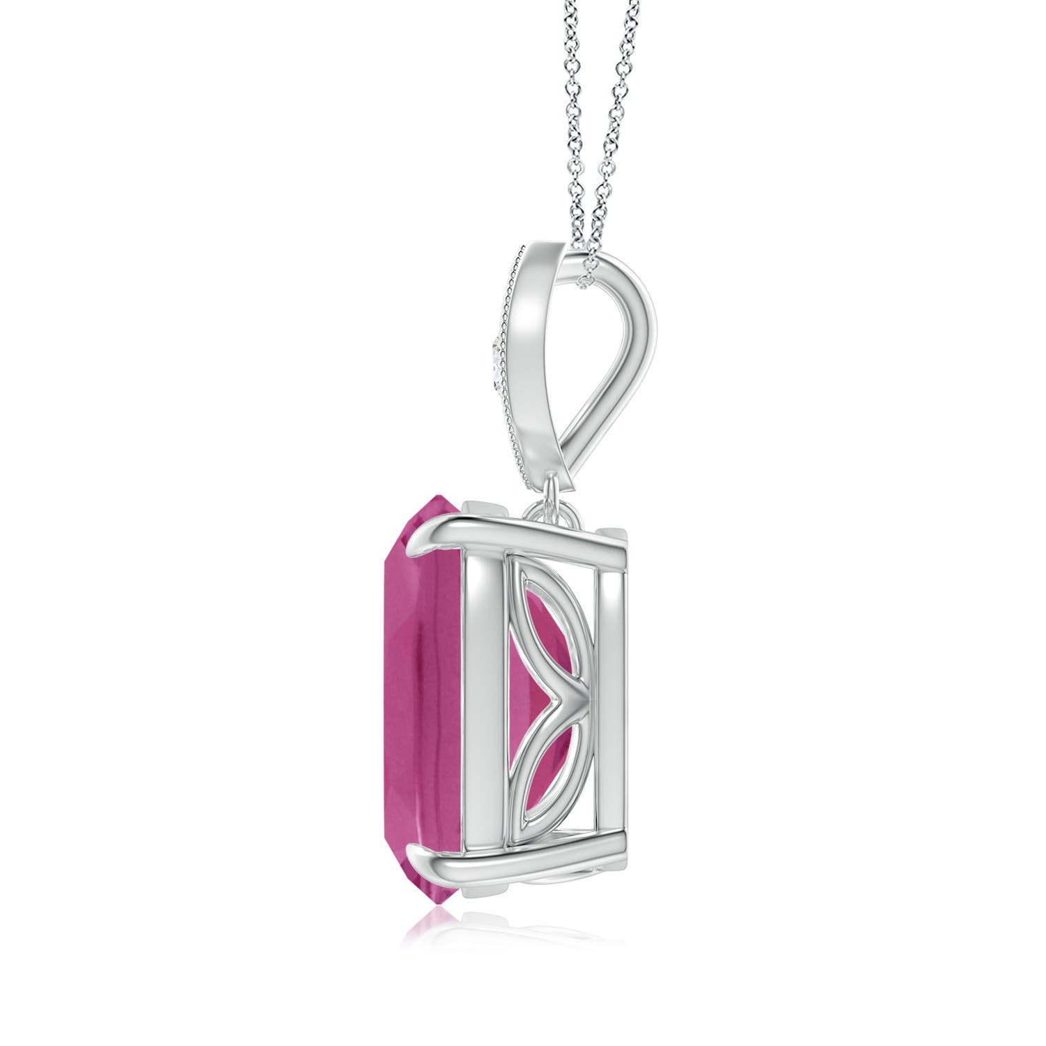 11x9mm AAAA Cushion Pink Tourmaline Pendant with Diamond Leaf Bale in White Gold - side 2