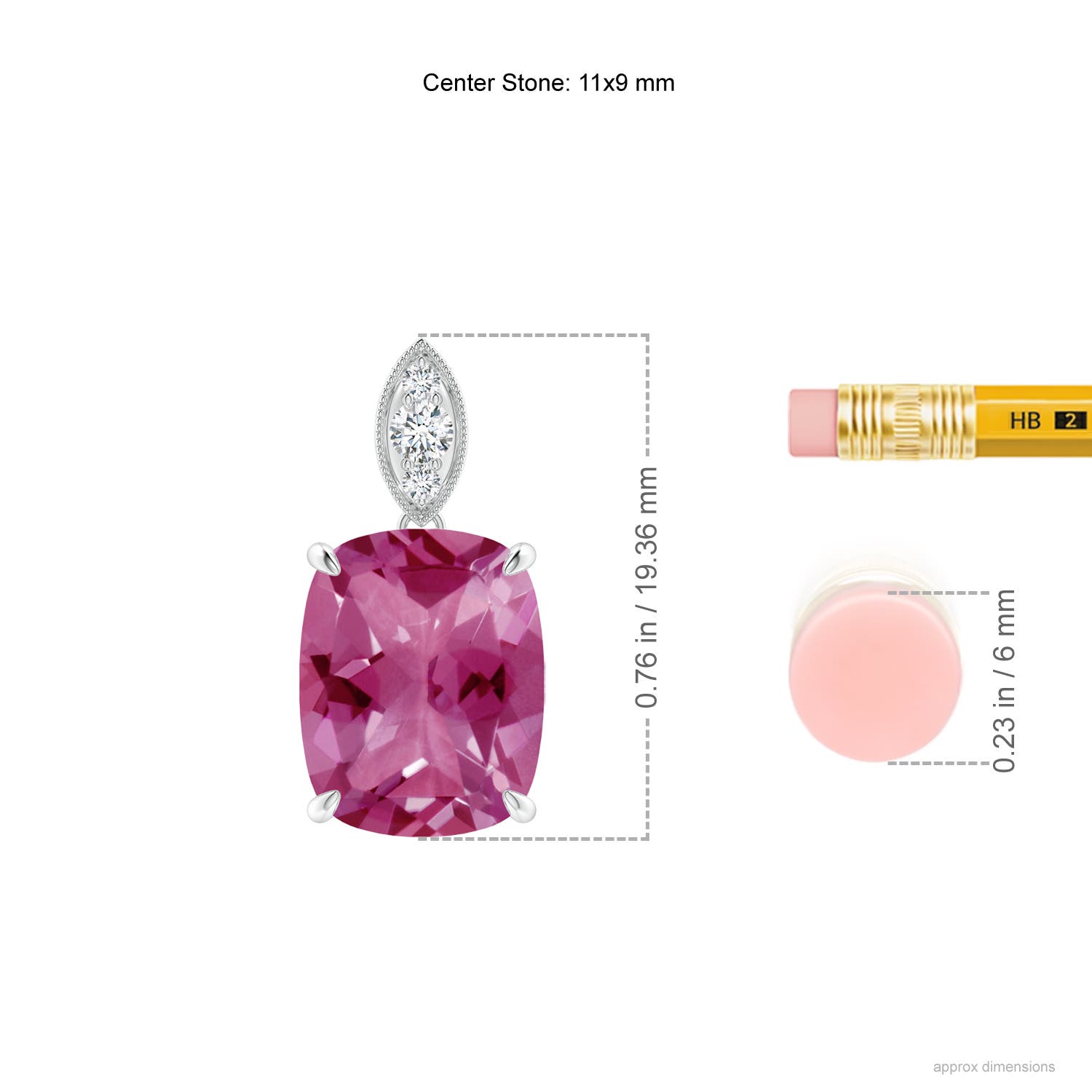 11x9mm AAAA Cushion Pink Tourmaline Pendant with Diamond Leaf Bale in White Gold - ruler