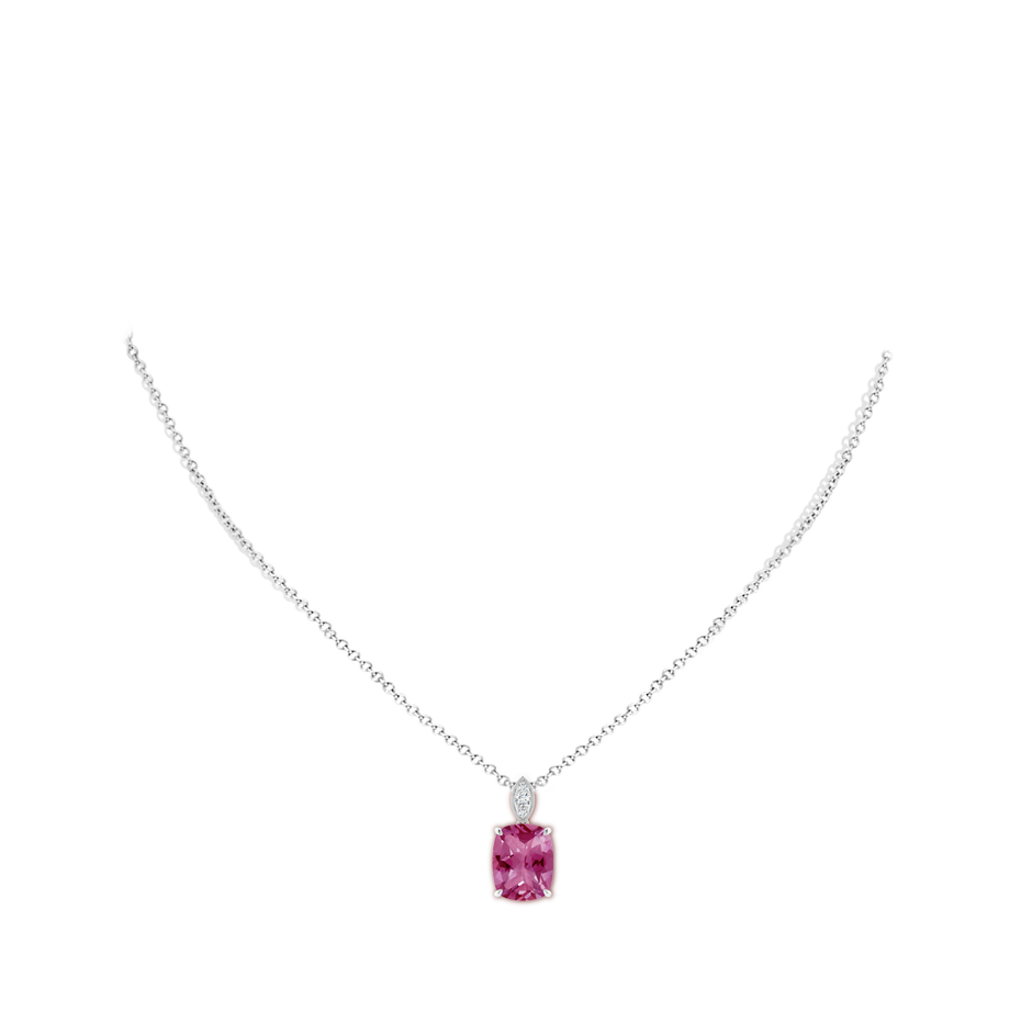 11x9mm AAAA Cushion Pink Tourmaline Pendant with Diamond Leaf Bale in White Gold body-neck