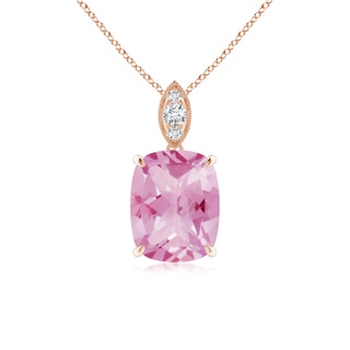 9x7mm A Cushion Pink Tourmaline Pendant with Diamond Leaf Bale in 9K Rose Gold
