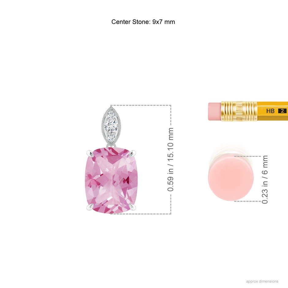 9x7mm A Cushion Pink Tourmaline Pendant with Diamond Leaf Bale in P950 Platinum ruler