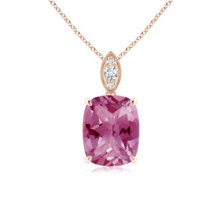 9x7mm AAA Cushion Pink Tourmaline Pendant with Diamond Leaf Bale in 9K Rose Gold