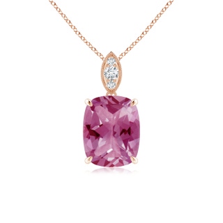 9x7mm AAA Cushion Pink Tourmaline Pendant with Diamond Leaf Bale in Rose Gold