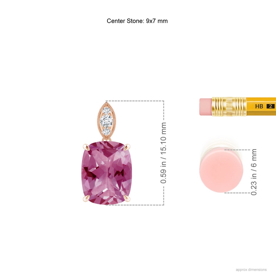 9x7mm AAA Cushion Pink Tourmaline Pendant with Diamond Leaf Bale in Rose Gold ruler