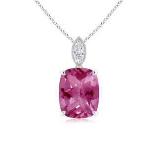 9x7mm AAAA Cushion Pink Tourmaline Pendant with Diamond Leaf Bale in P950 Platinum