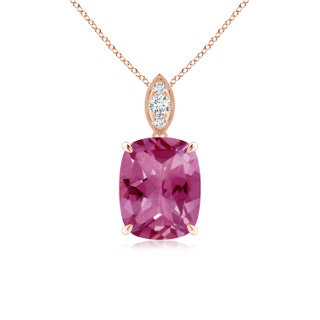 9x7mm AAAA Cushion Pink Tourmaline Pendant with Diamond Leaf Bale in Rose Gold