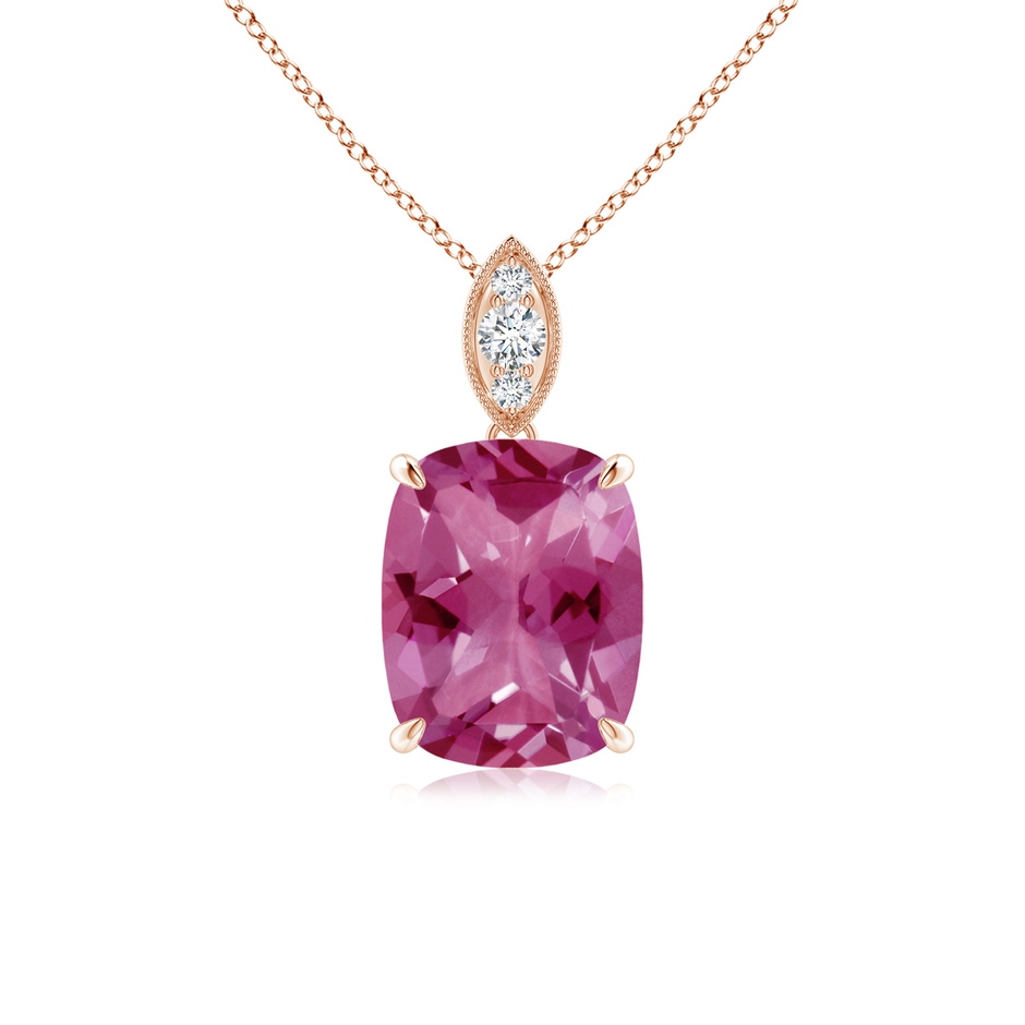 9x7mm AAAA Cushion Pink Tourmaline Pendant with Diamond Leaf Bale in Rose Gold 