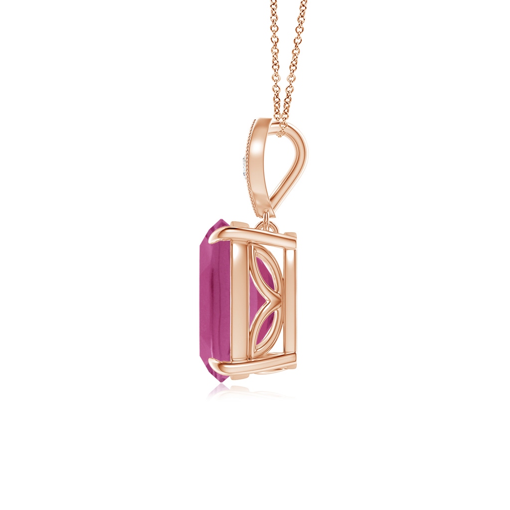 9x7mm AAAA Cushion Pink Tourmaline Pendant with Diamond Leaf Bale in Rose Gold Side-1