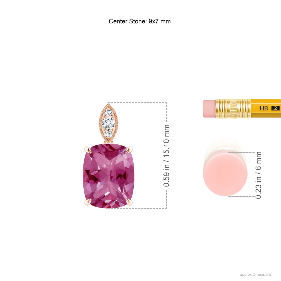 9x7mm AAAA Cushion Pink Tourmaline Pendant with Diamond Leaf Bale in Rose Gold ruler