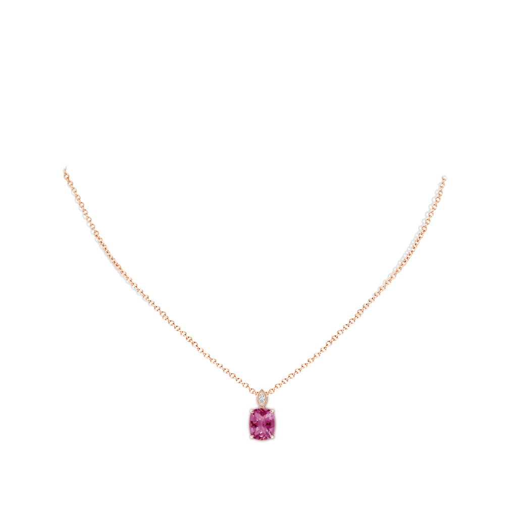 9x7mm AAAA Cushion Pink Tourmaline Pendant with Diamond Leaf Bale in Rose Gold Body-Neck