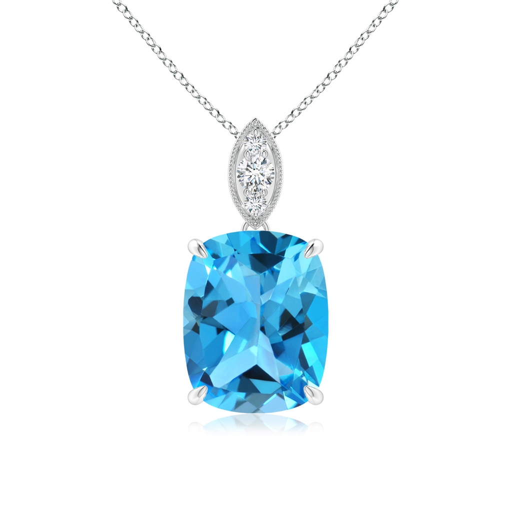 10x8mm AAA Cushion Swiss Blue Topaz Pendant with Diamond Leaf Bale in White Gold 