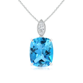 10x8mm AAA Cushion Swiss Blue Topaz Pendant with Diamond Leaf Bale in White Gold