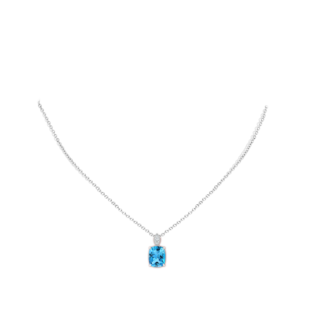 10x8mm AAA Cushion Swiss Blue Topaz Pendant with Diamond Leaf Bale in White Gold Body-Neck
