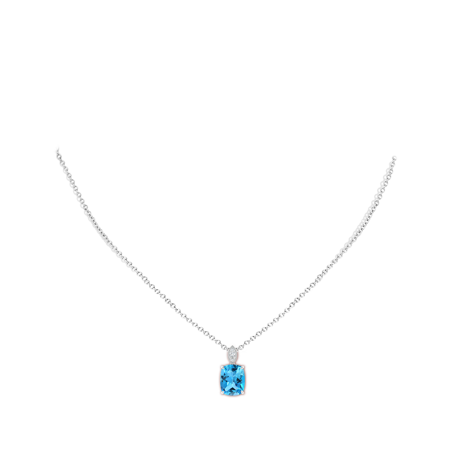 10x8mm AAA Cushion Swiss Blue Topaz Pendant with Diamond Leaf Bale in White Gold body-neck