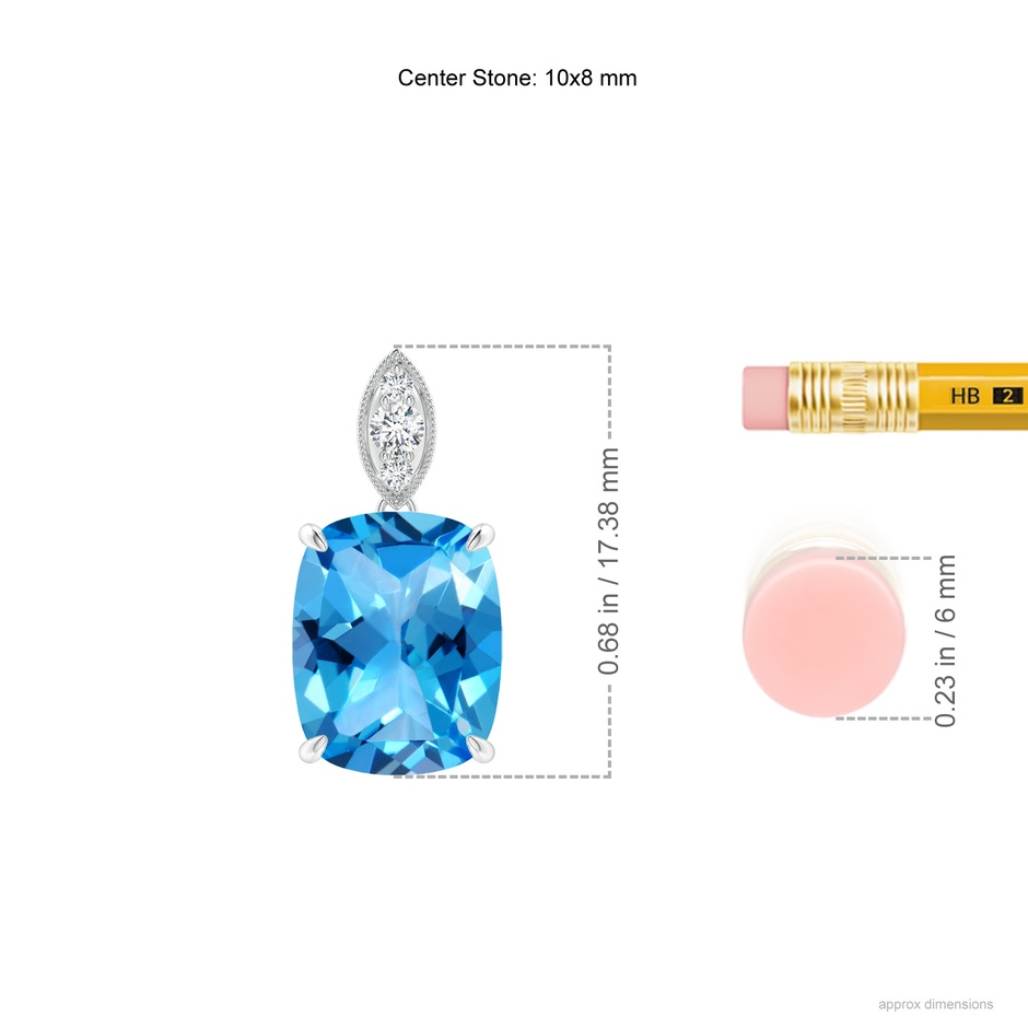 10x8mm AAAA Cushion Swiss Blue Topaz Pendant with Diamond Leaf Bale in P950 Platinum ruler