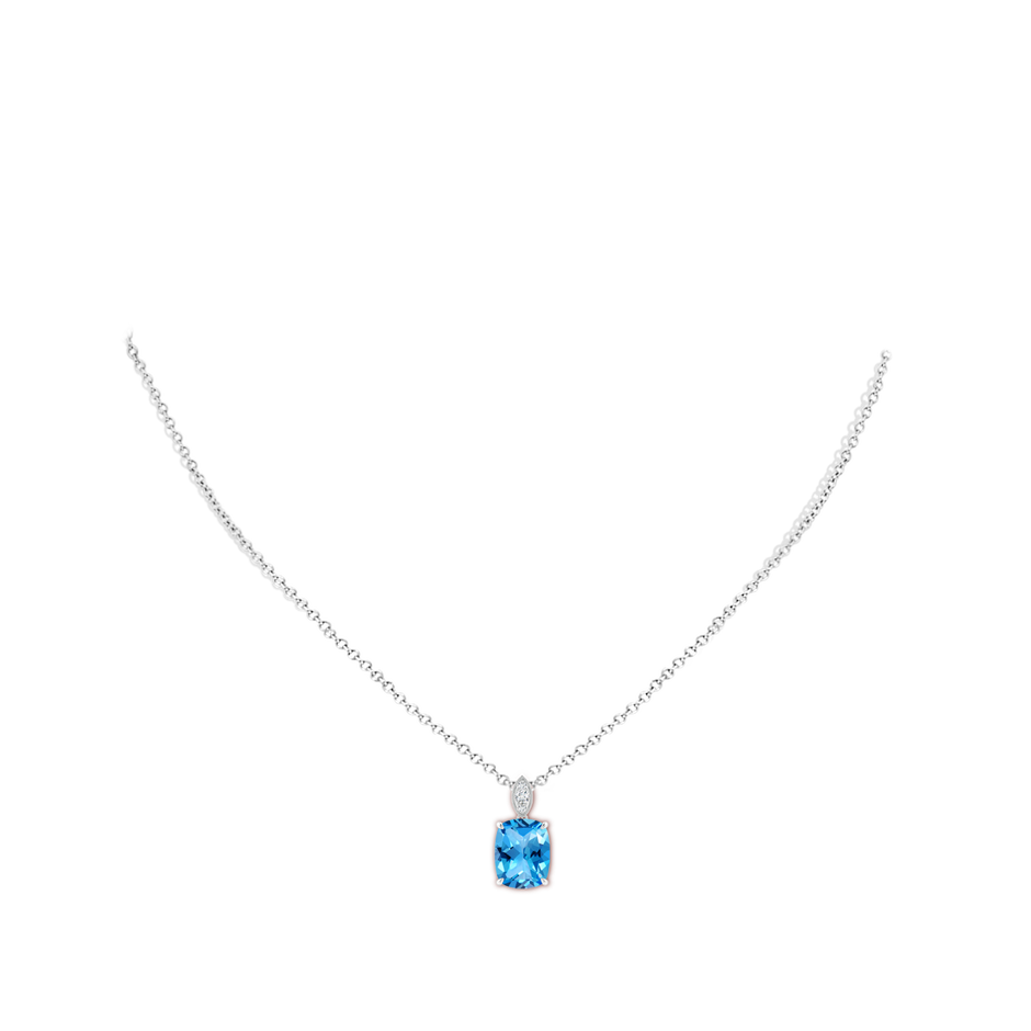 10x8mm AAAA Cushion Swiss Blue Topaz Pendant with Diamond Leaf Bale in P950 Platinum body-neck