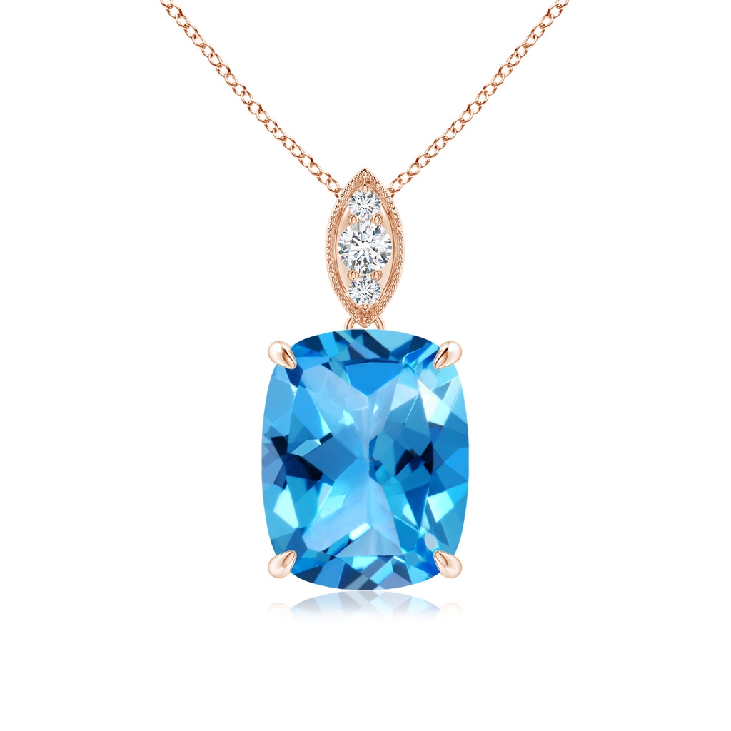 10x8mm AAAA Cushion Swiss Blue Topaz Pendant with Diamond Leaf Bale in Rose Gold