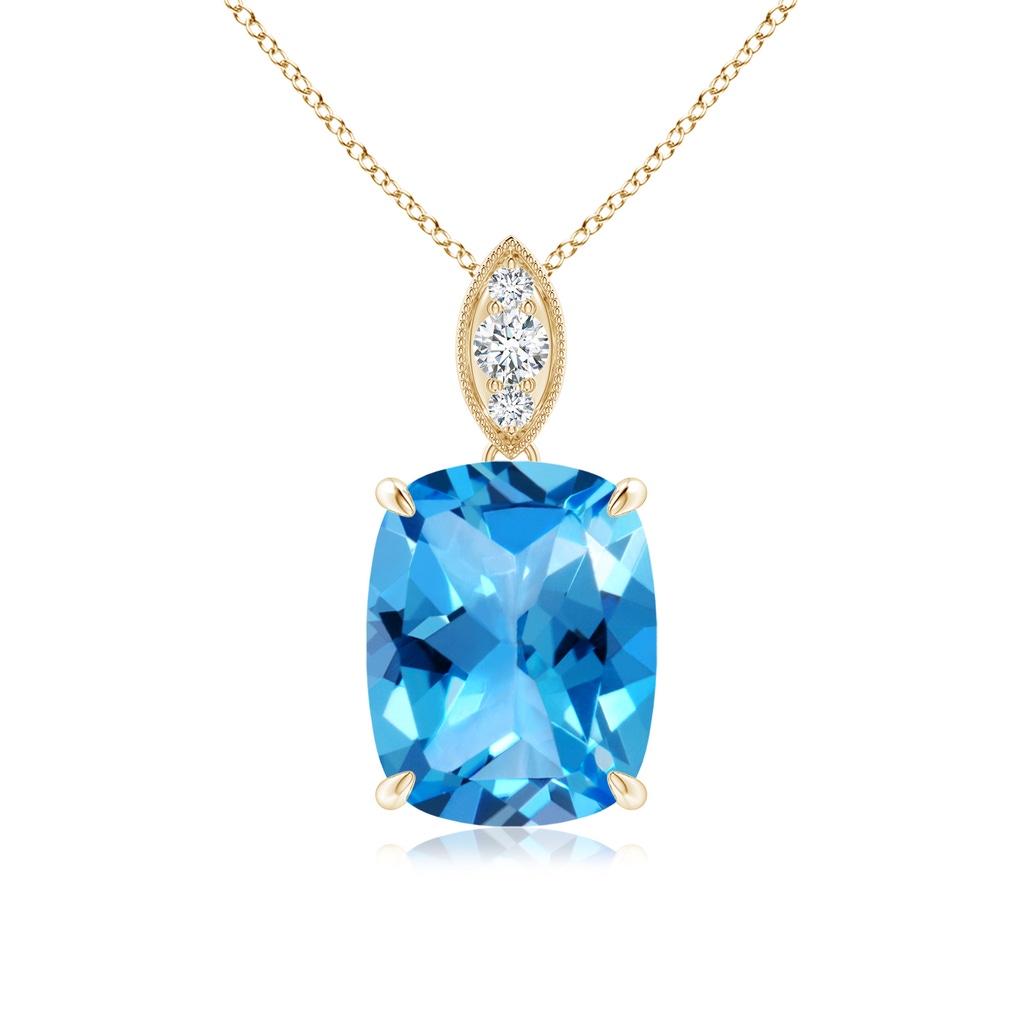 10x8mm AAAA Cushion Swiss Blue Topaz Pendant with Diamond Leaf Bale in Yellow Gold