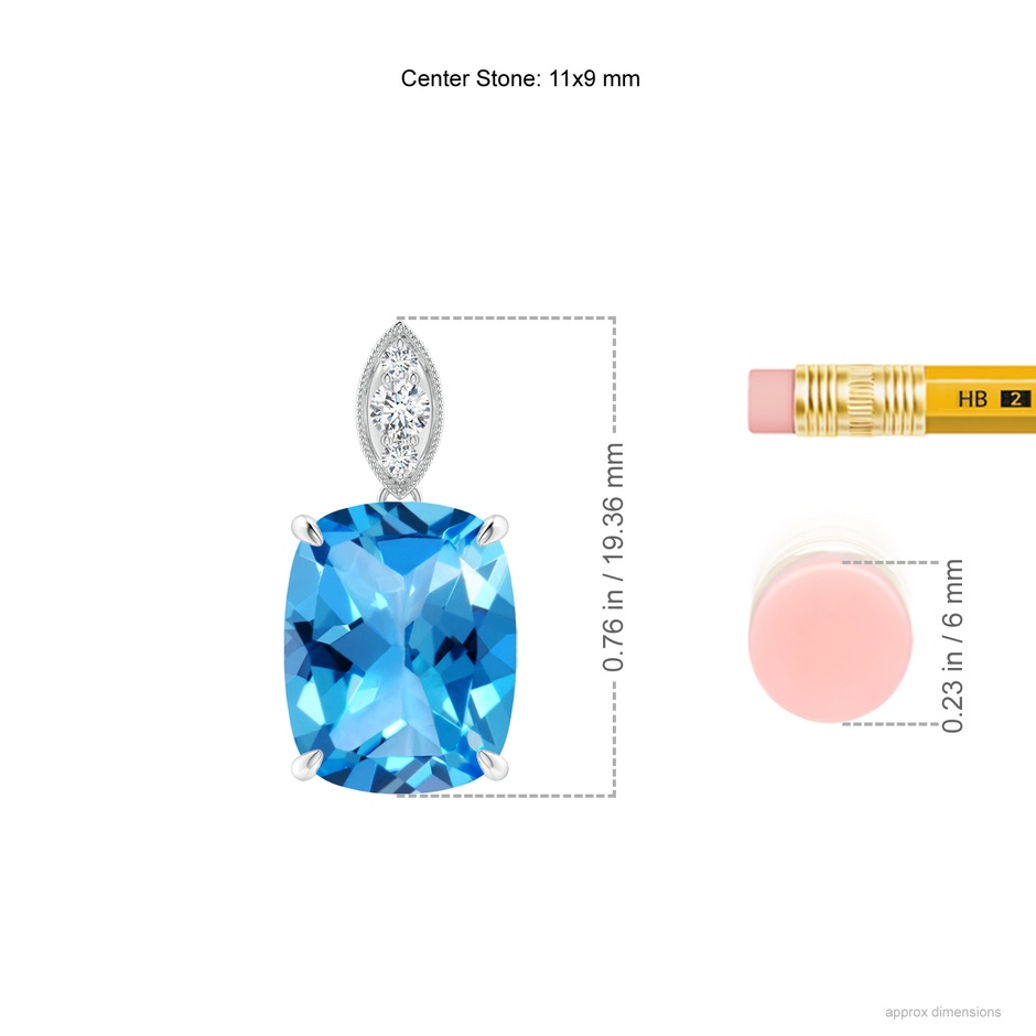 11x9mm AAAA Cushion Swiss Blue Topaz Pendant with Diamond Leaf Bale in P950 Platinum ruler
