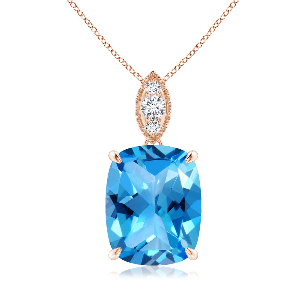 11x9mm AAAA Cushion Swiss Blue Topaz Pendant with Diamond Leaf Bale in Rose Gold