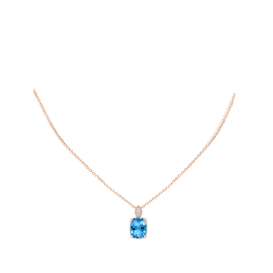 11x9mm AAAA Cushion Swiss Blue Topaz Pendant with Diamond Leaf Bale in Rose Gold body-neck