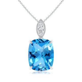 11x9mm AAAA Cushion Swiss Blue Topaz Pendant with Diamond Leaf Bale in White Gold