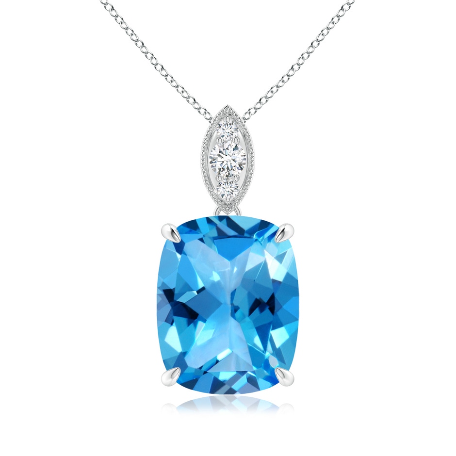 11x9mm AAAA Cushion Swiss Blue Topaz Pendant with Diamond Leaf Bale in White Gold 