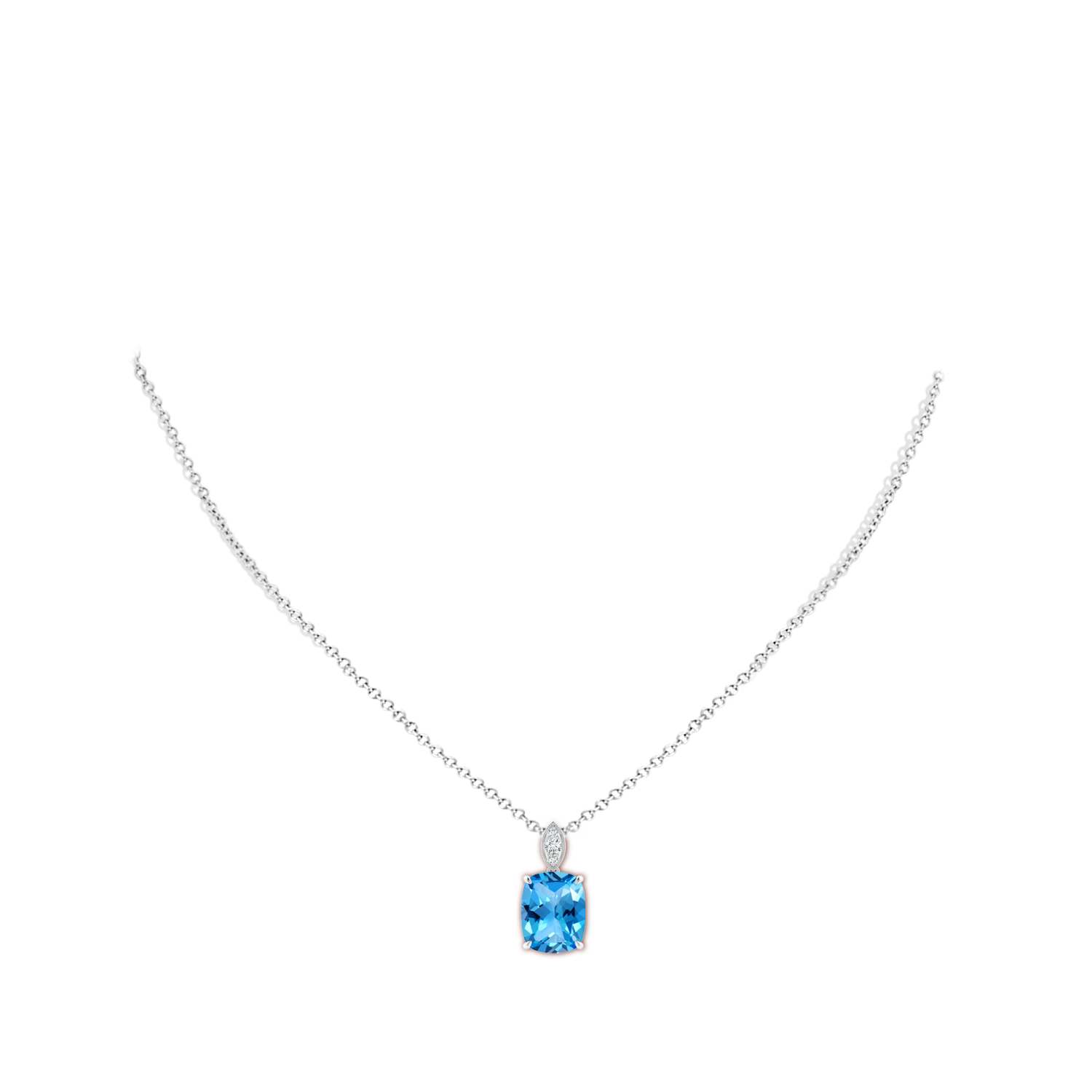 11x9mm AAAA Cushion Swiss Blue Topaz Pendant with Diamond Leaf Bale in White Gold - body_neck