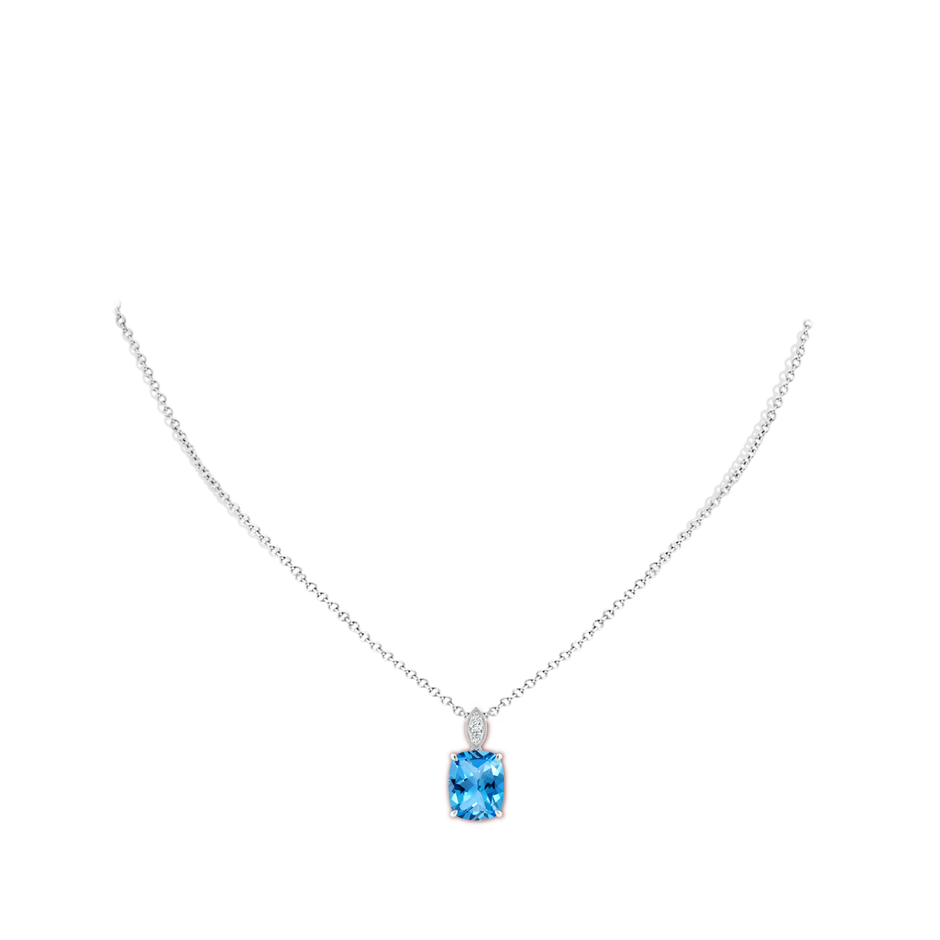 11x9mm AAAA Cushion Swiss Blue Topaz Pendant with Diamond Leaf Bale in White Gold body-neck