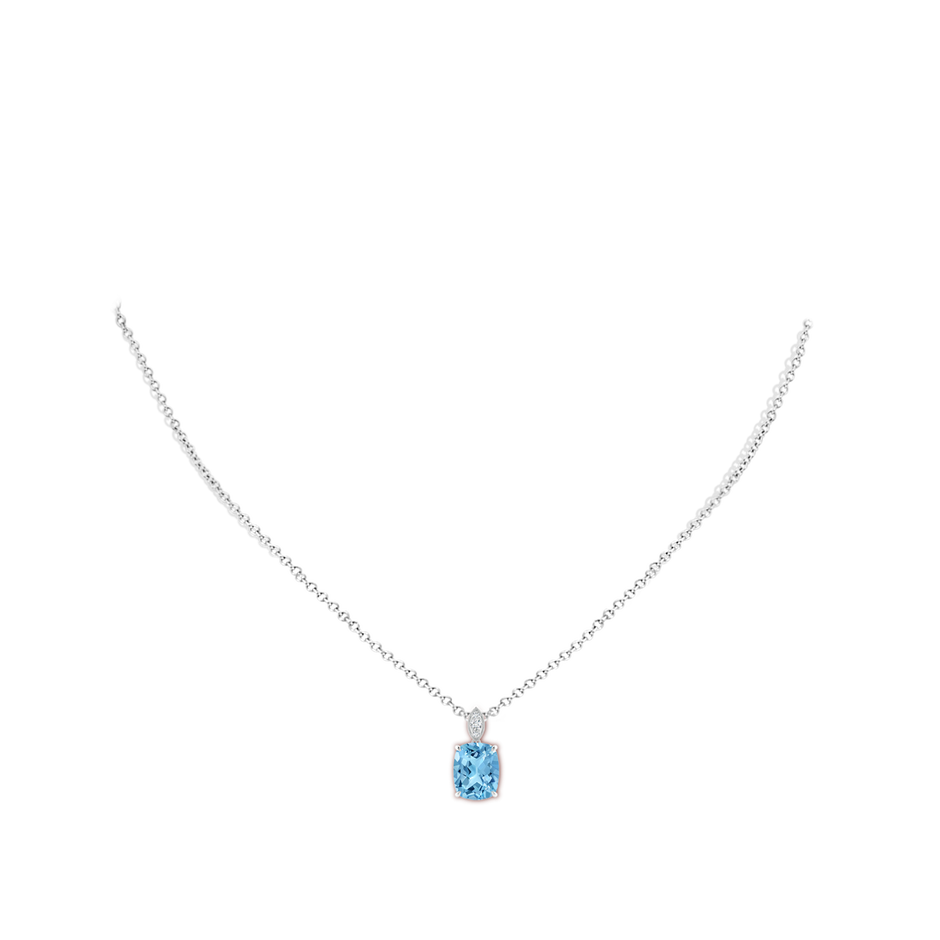 9x7mm A Cushion Swiss Blue Topaz Pendant with Diamond Leaf Bale in P950 Platinum body-neck