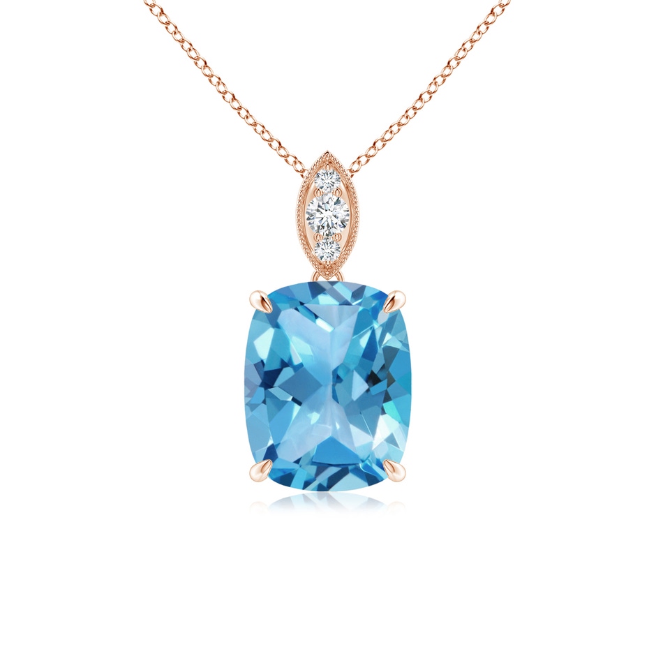 9x7mm AA Cushion Swiss Blue Topaz Pendant with Diamond Leaf Bale in Rose Gold 