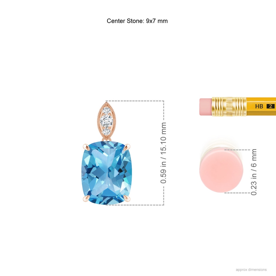 9x7mm AA Cushion Swiss Blue Topaz Pendant with Diamond Leaf Bale in Rose Gold ruler