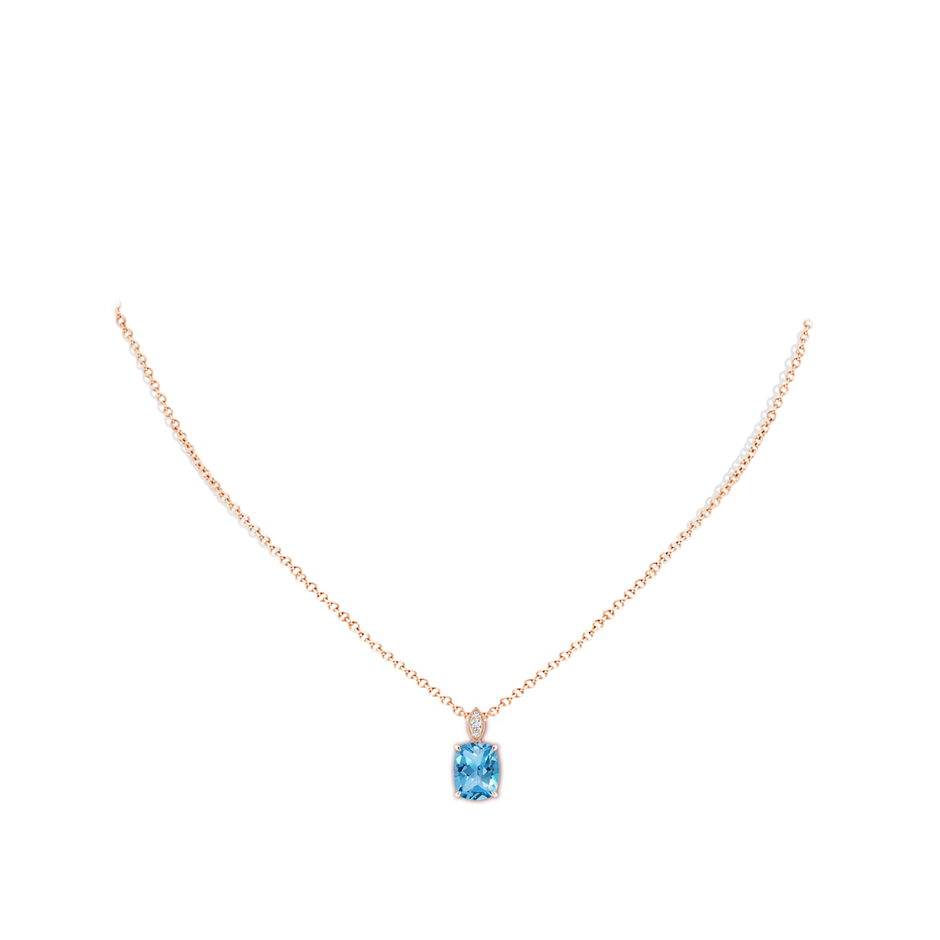 9x7mm AA Cushion Swiss Blue Topaz Pendant with Diamond Leaf Bale in Rose Gold body-neck