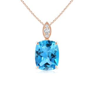 9x7mm AAA Cushion Swiss Blue Topaz Pendant with Diamond Leaf Bale in Rose Gold