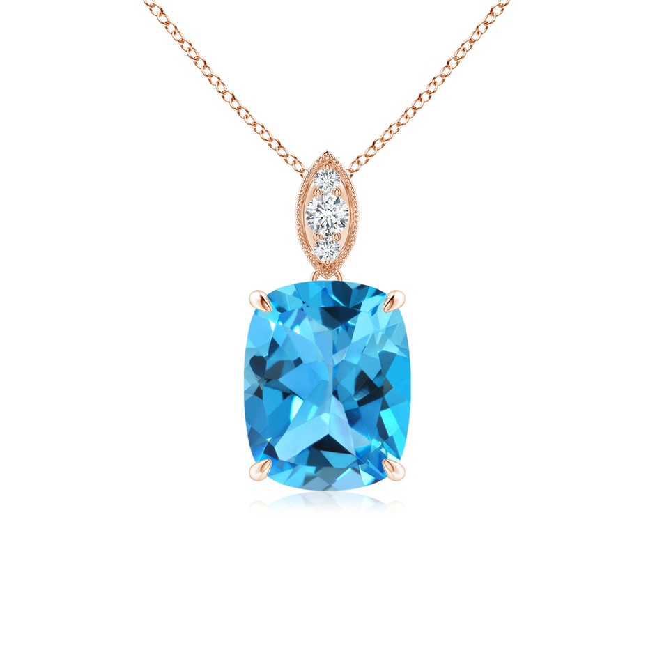 9x7mm AAA Cushion Swiss Blue Topaz Pendant with Diamond Leaf Bale in Rose Gold 