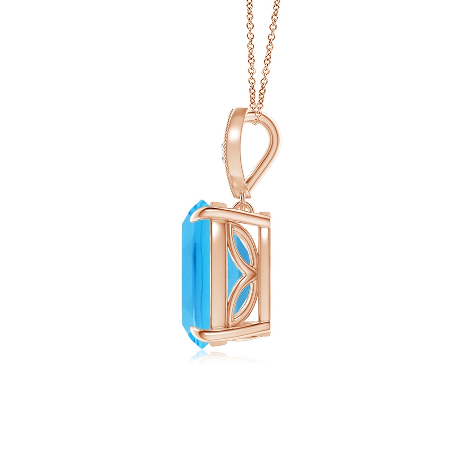 9x7mm AAA Cushion Swiss Blue Topaz Pendant with Diamond Leaf Bale in Rose Gold side-1