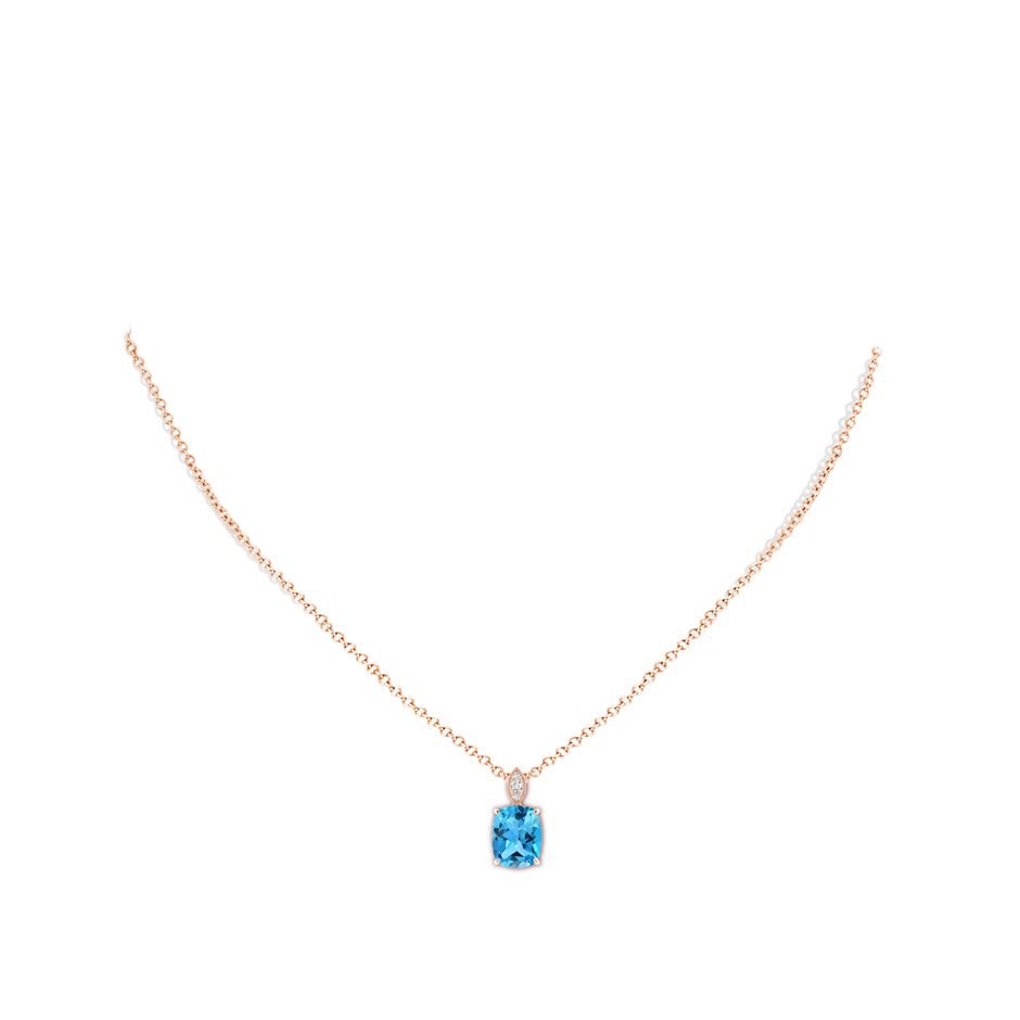 9x7mm AAA Cushion Swiss Blue Topaz Pendant with Diamond Leaf Bale in Rose Gold body-neck