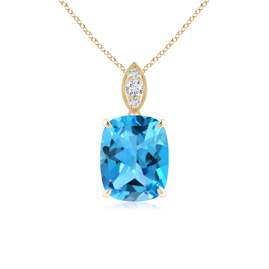9x7mm AAA Cushion Swiss Blue Topaz Pendant with Diamond Leaf Bale in Yellow Gold 