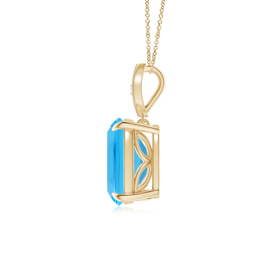 9x7mm AAA Cushion Swiss Blue Topaz Pendant with Diamond Leaf Bale in Yellow Gold side-1