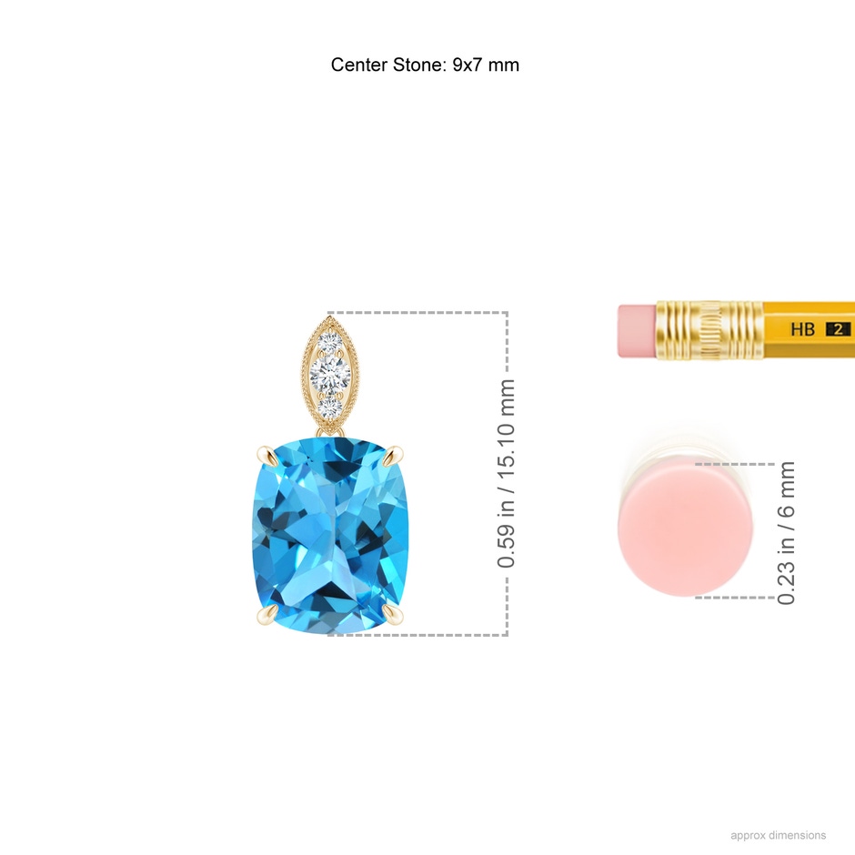 9x7mm AAA Cushion Swiss Blue Topaz Pendant with Diamond Leaf Bale in Yellow Gold ruler